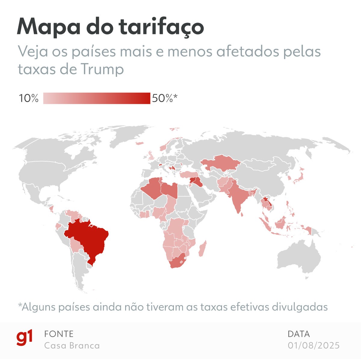 Mapa do tarifaço: veja países mais e menos afetados com taxas dos EUA