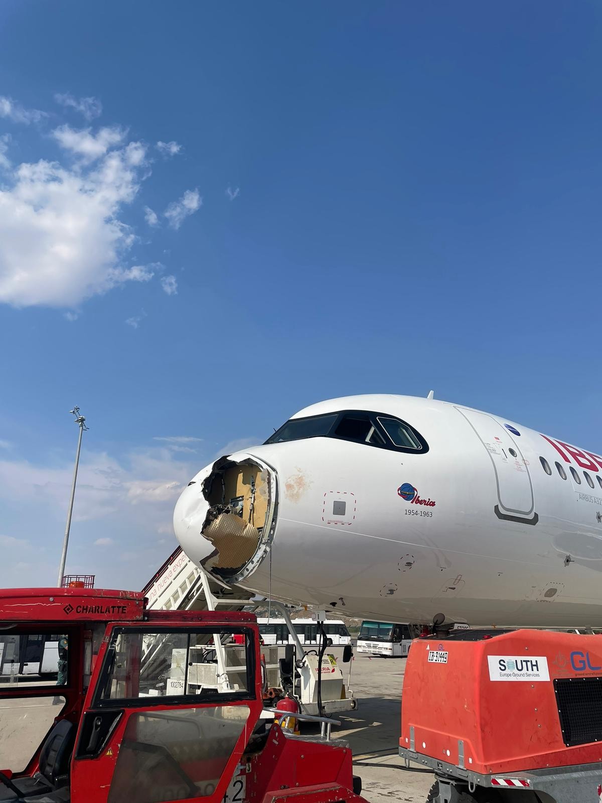 Avião fica com bico destruído após choque com pássaro e faz pouso de emergência na Espanha