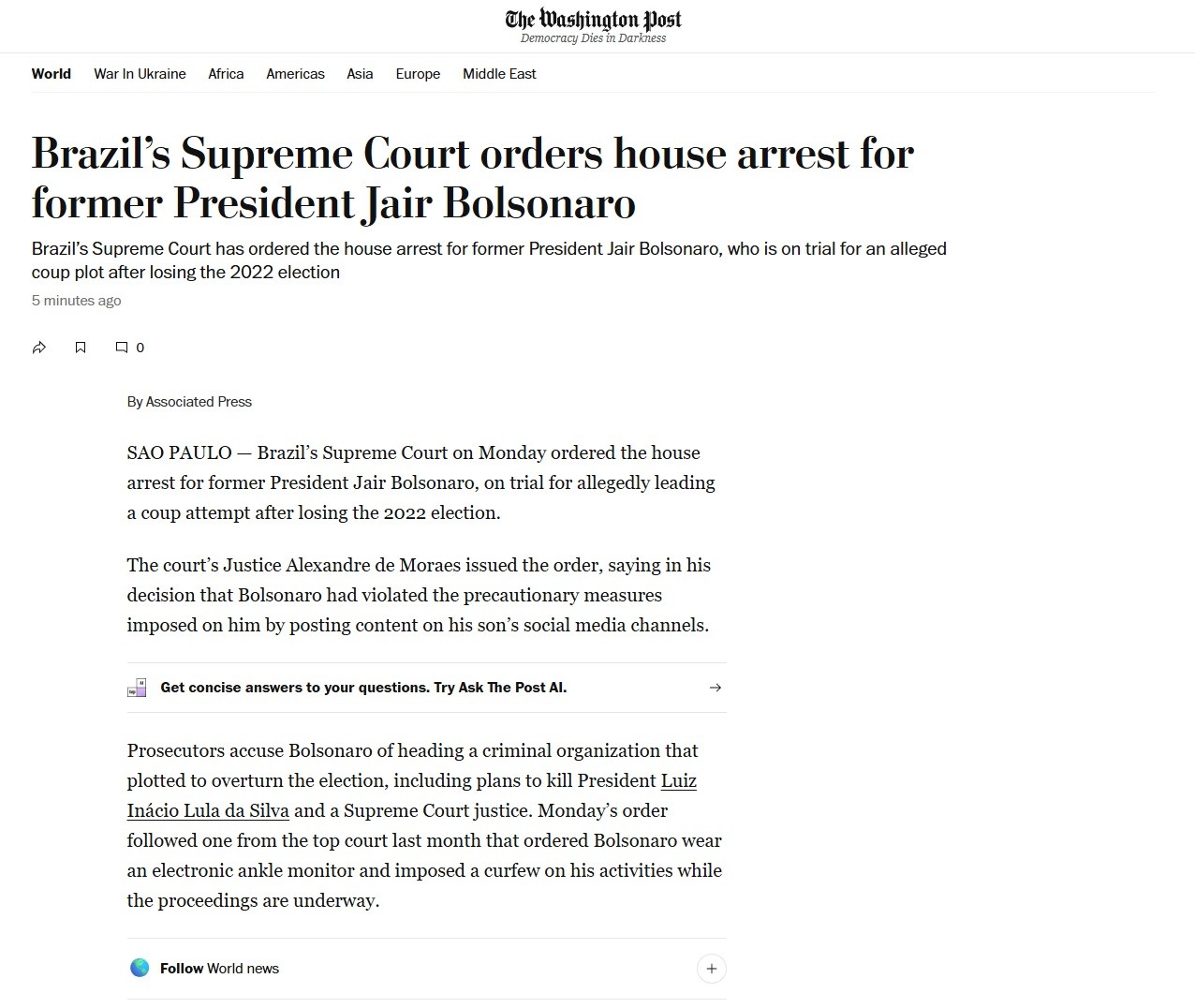 Bolsonaro tem prisão domiciliar decretada: veja a repercussão na imprensa internacional | Mundo